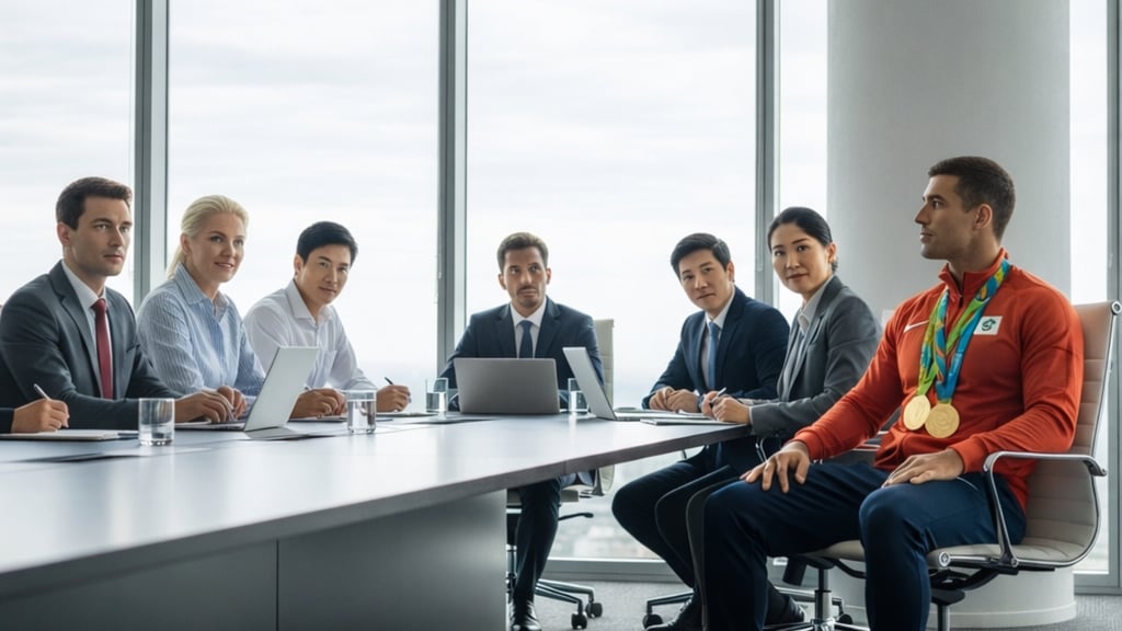 Profissional com medalhas sentado em reunião corporativa com equipe executiva