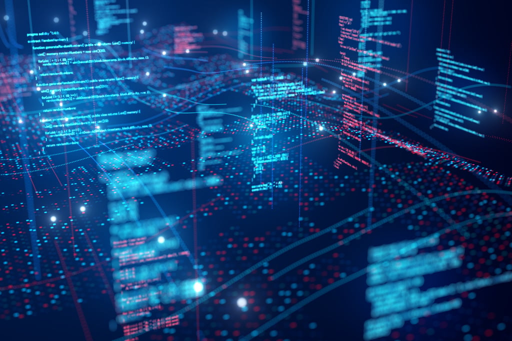 Visualização digital com linhas de código, conexões de dados e elementos de cibersegurança
