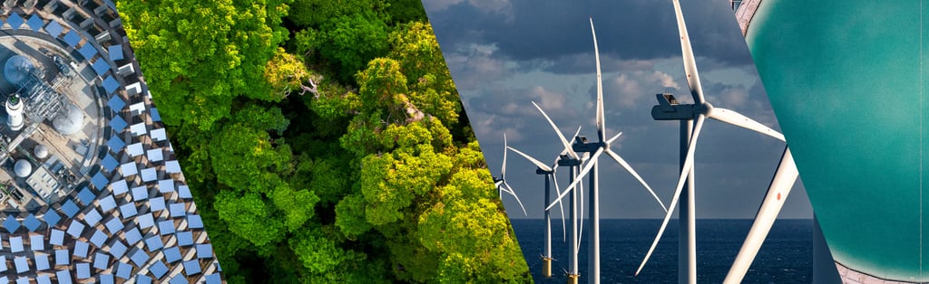 Montagem com instalação industrial, floresta, turbinas eólicas e reservatório de água