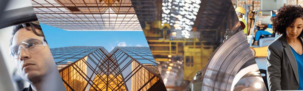 Montagem com profissional, edifícios corporativos, ambiente industrial e executiva em diferentes setores