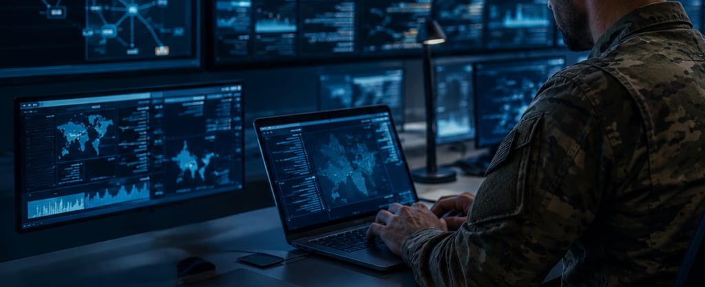 Military man looking at multiple screens