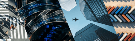 Montagem com pedestres em cruzamento urbano, vias expressas, arranha-céus com avião e contêineres empilhados
