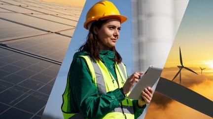3-panel image of solar panels, female engineer and windmill