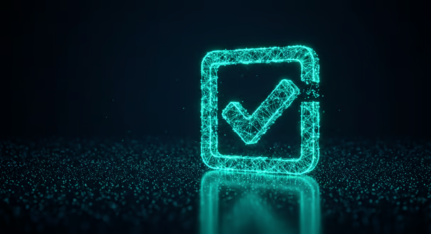 Ícone digital de marca de verificação iluminada sobre fundo escuro