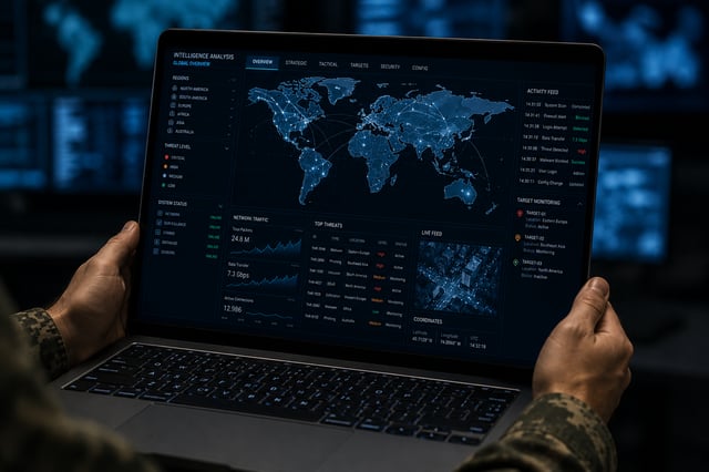 Military man holding laptop screen close up shot