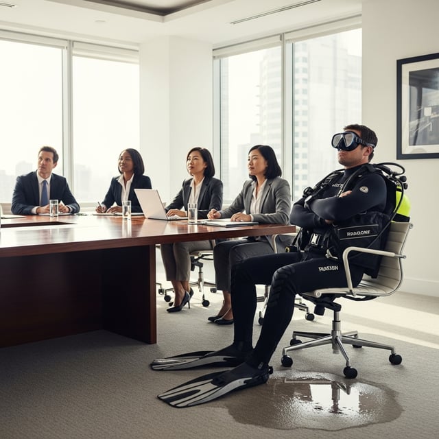 Mergulhador de roupa de mergulho sentado em uma sala de reuniões com executivos, em contraste com o ambiente corporativo